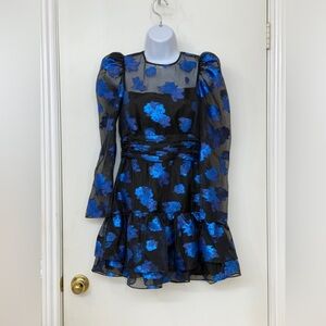 ZARA Women's Organza Floral Mini Dress, Blue/Black, Long Sleeves, Size S, NWT